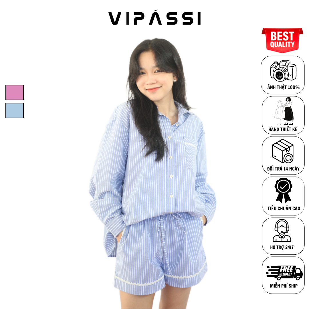 VIPÁSSI Quần Short Cotton Sọc Lưng Thun Dây Rút Túi Xẻ Họa Tiết Ren