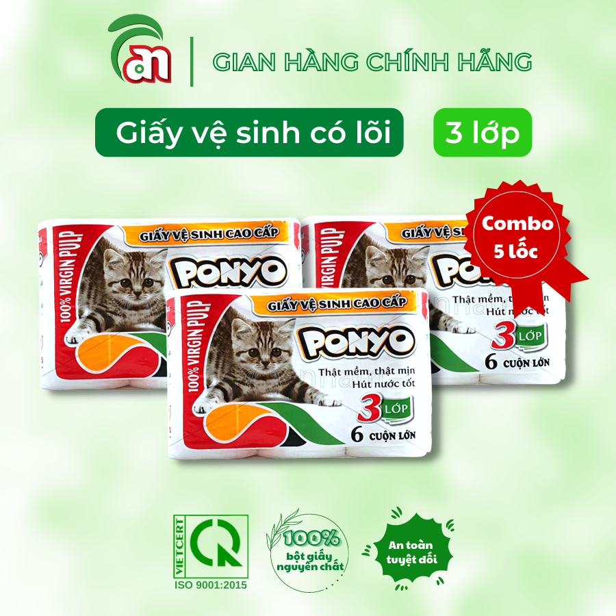 Combo 5 lốc Giấy vệ sinh cuộn nhỏ có lõi siêu dày và mịn PONYO 3 lớp cao cấp, 06 cuộn/lốc - Thiên An Nam paper