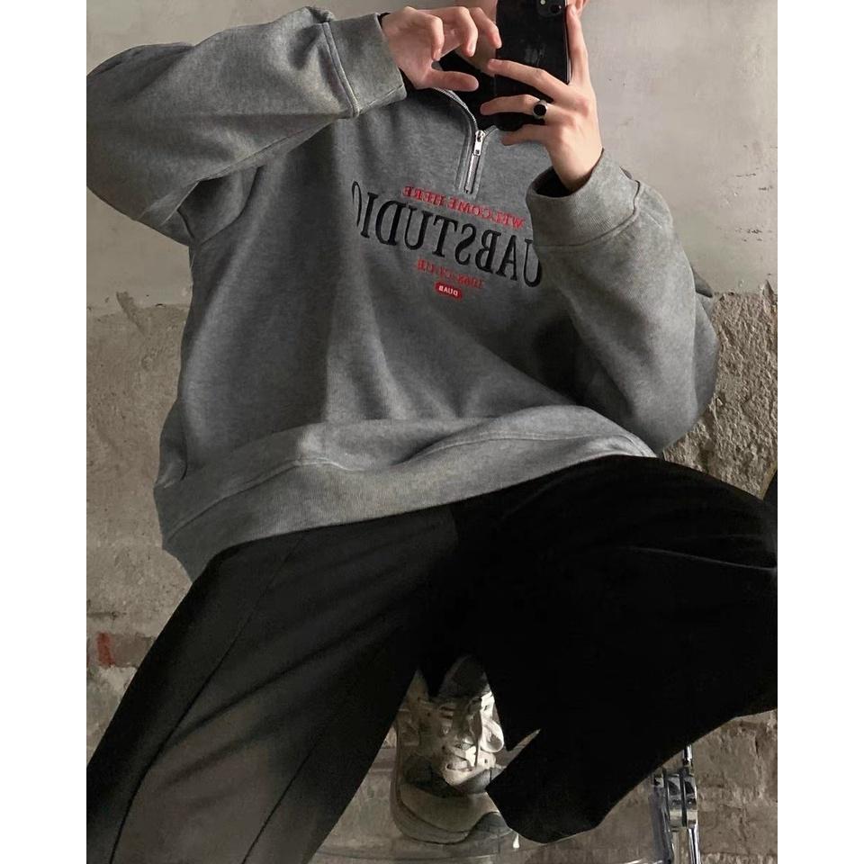 Áo sweater cổ bẻ khoá zip chất liệu bo tăm hoạ tiết thêu form rộng oversize nam nữ unisex