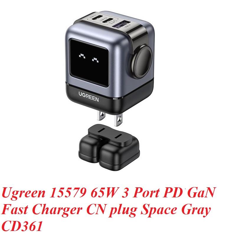 Ugreen UG15579CD361TK 65W 2c1a RG robotGaN with LCD bộ sạc Nexode robot chuẩn PD GaN chuẩn cắm điện CN 3 chân cắm xéo dẹp RoboGaN màu xám đen 2 cổng usb type c và 1A - HÀNG CHÍNH HÃNG