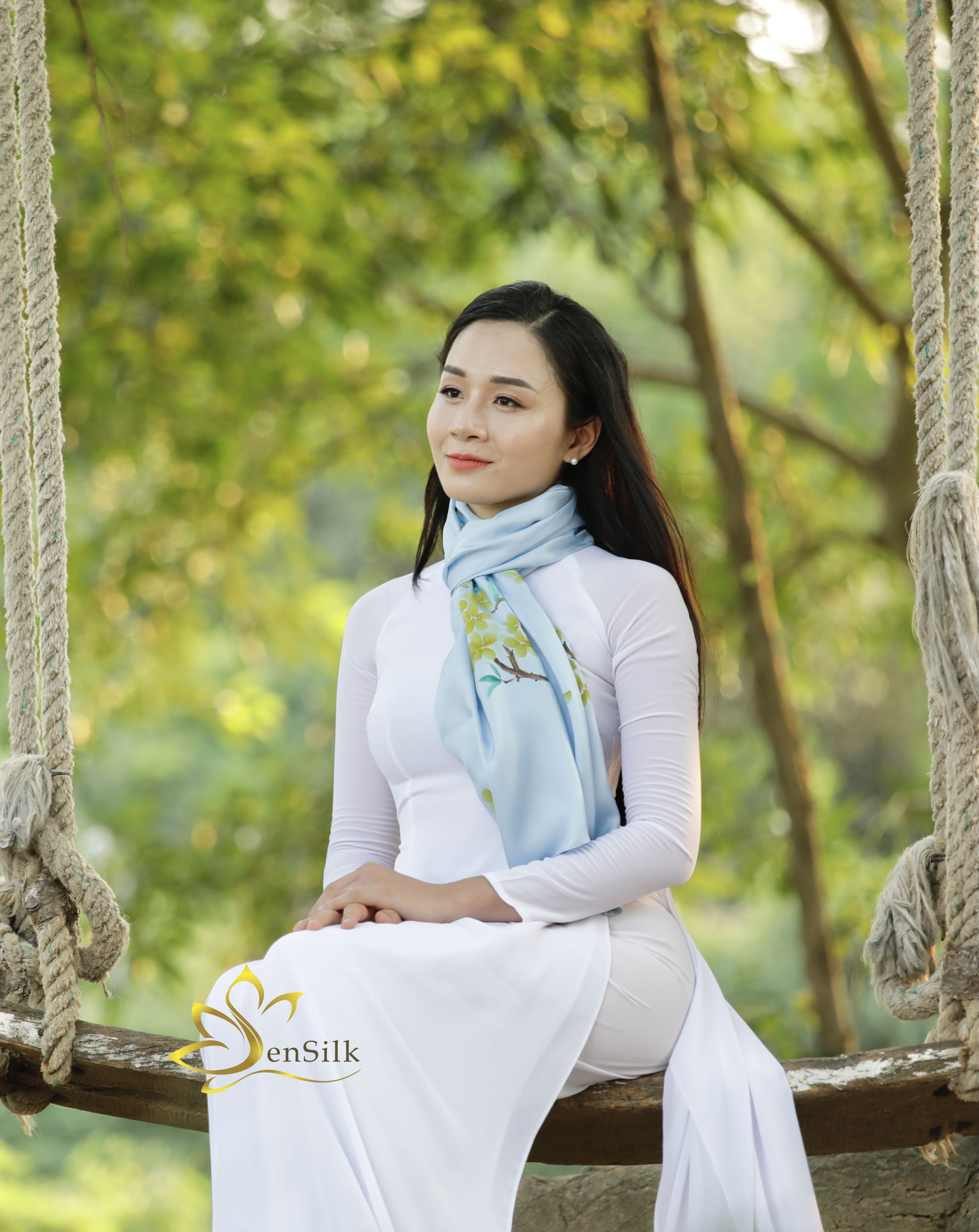 SenSilk Hand Drawing Silk Scarves - Tơ Lụa Bảo Lộc Vẽ Hoa Mai 180x55cm, Choàng Cổ Lụa Thời Trang Cho Phái Đẹp