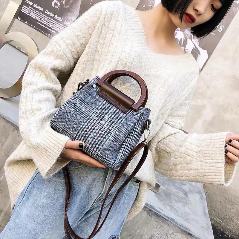 TÚI ĐEO CHÉO XÁCH TAY THỜI TRANG NỮ KẺ XÁM VUÔNG DÂY DA ĐEO DA PHỤ KIỆN THỜI TRANG