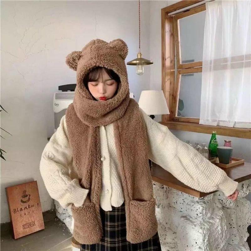 Mũ gấu kèm khăn xỏ tay bông cực ấm cao cấp cute