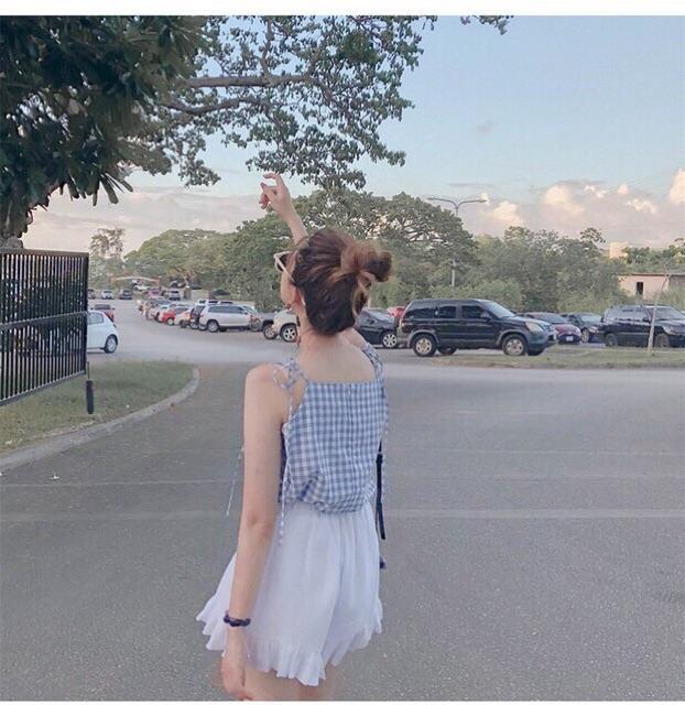 Set Áo Caro 2 Dây + Short Trắng Bèo ️️