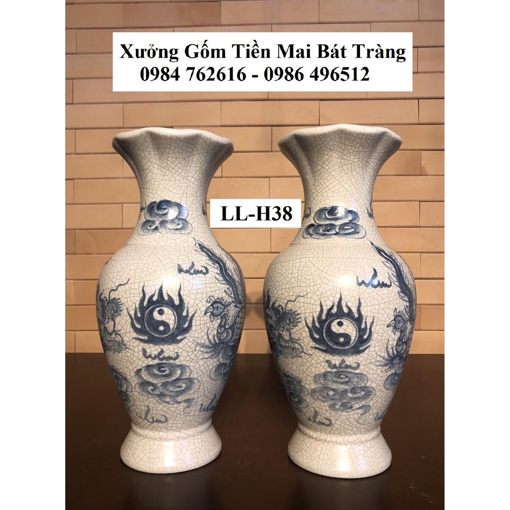 LL-H38: Lọ miệng lượn Men rạn chàm cổ vẽ tay thủ công