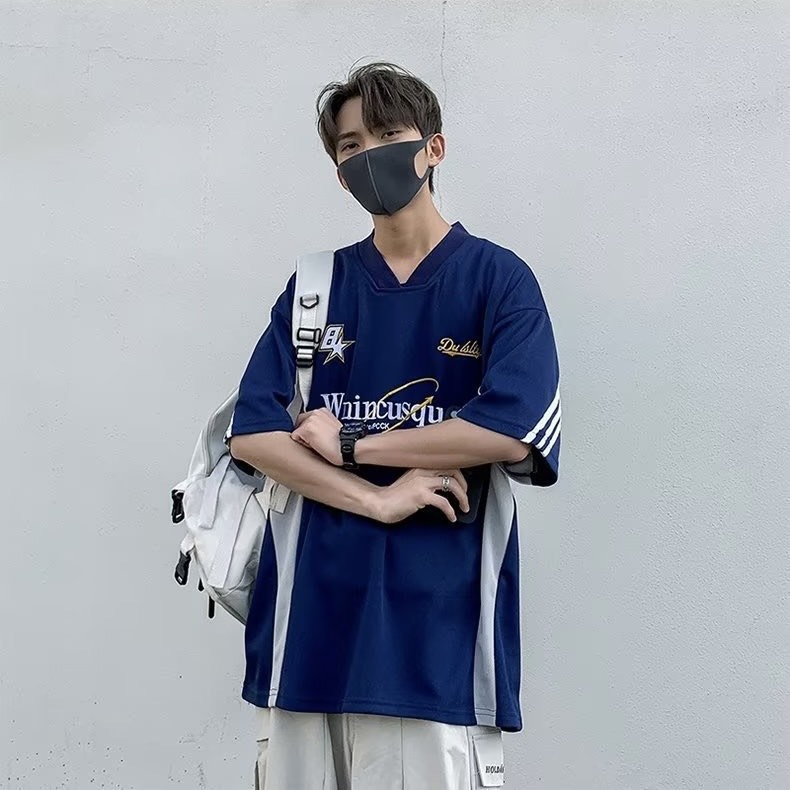Áo phông nam nữ form rộng 2N Unisex thun thể thao sọc sau màu xanh/đen