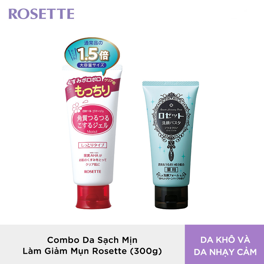 Bộ Sữa Rửa Mặt Làm Giảm Mụn Rosette Face Wash Pasta Acne Clear 120g và Tẩy Tế Bào Chết Dành Cho Da Khô Rosette Gommage Moist 180g