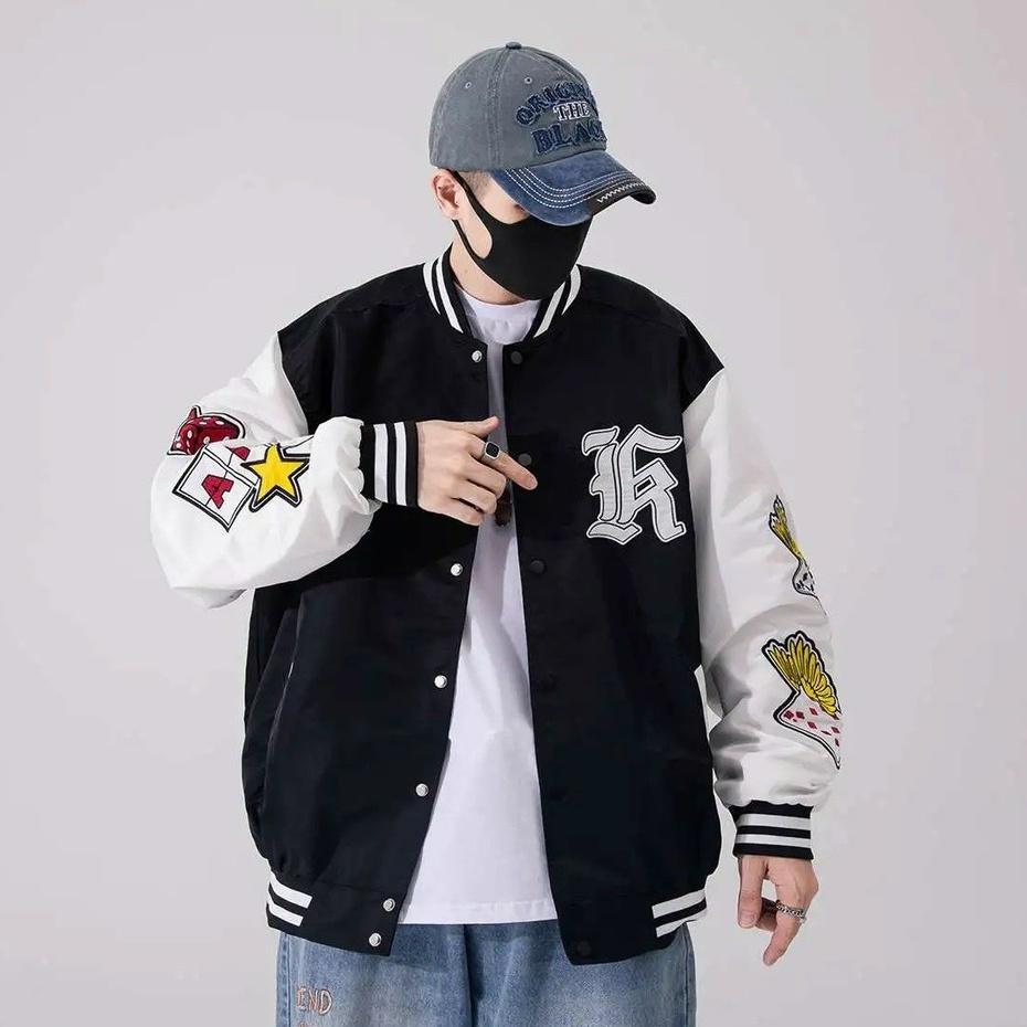 Áo khoác bomber dù nam nữ bóng chày kiểu dáng form rộng tay dày dặn dù 2 lớp họa tiết xúc xắc