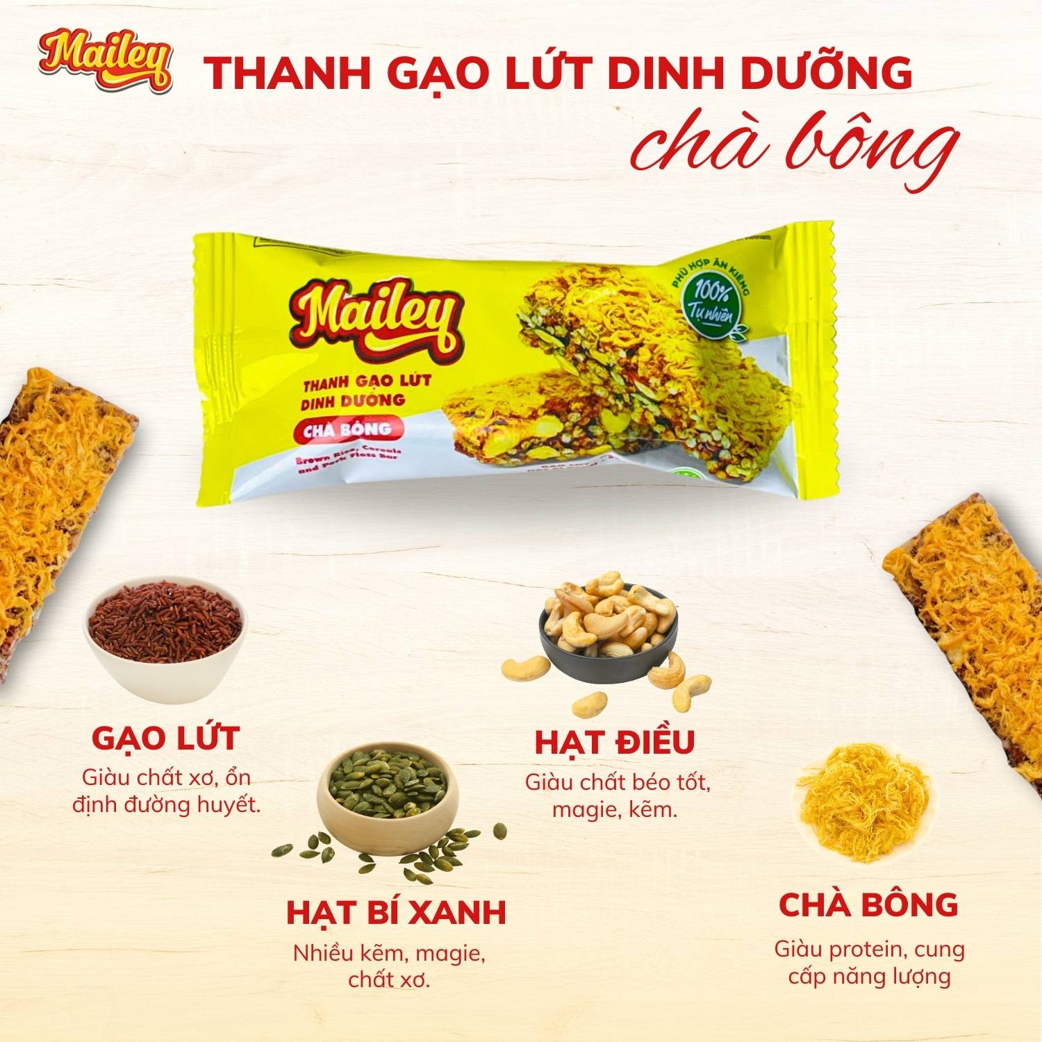 [COMBO 2 TÚI] Thanh gạo lứt chà bông/rong biển mix hạt Mailey Túi 100g - Bánh gạo lứt ăn kiêng hỗ trợ giảm cân