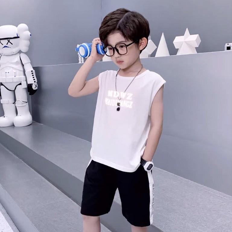 Bộ bé trai Con Xinh cotton sát nách phản quang bạc gấu Wangzi set quần áo trẻ em từ 5 đến 14 tuổi