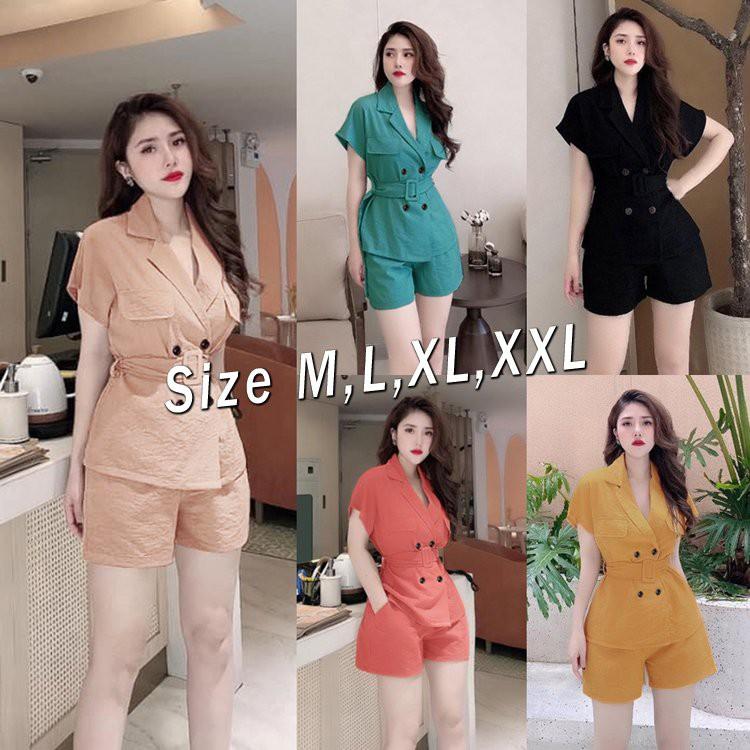 Set nguyên bộ quần short áo bốn nút cổ vest thắt lưng thiết kế cao cấp