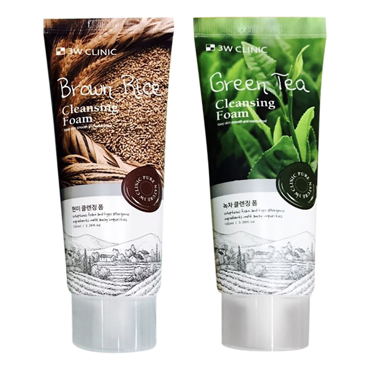 Combo Sữa Rửa Mặt Sạch Bụi Bẩn, Bã Nhờn và Làm sáng da bao gồm 3W Clinic Brown Rice Foam Cleansing + 3W Clinic Green Tea Foam Cleansing - Hàn Quốc Chính Hãng