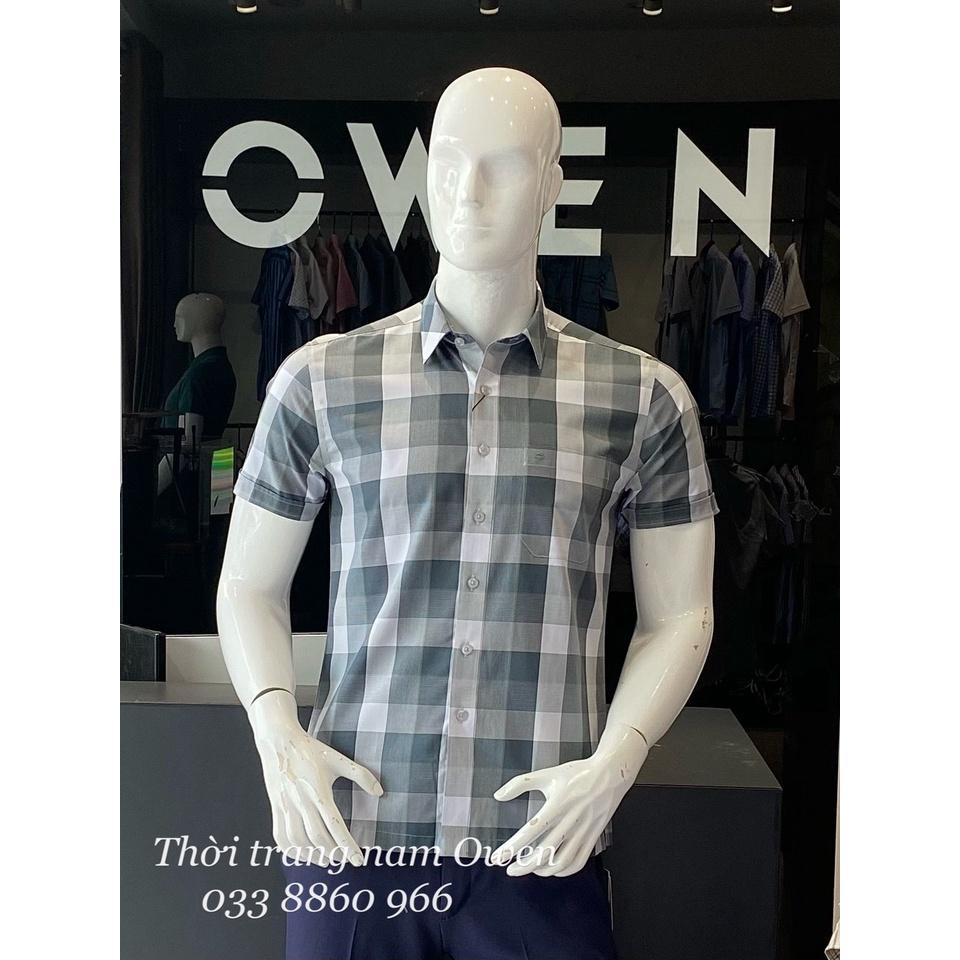 OWEN - Áo Sơ mi ngắn tay Owen vạt ngang chất sợi bạc hà kẻ ca rô xanh 220409