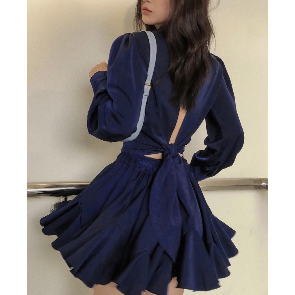 Set đồ nữ đi chơi áo tay dài khoét lưng và chân váy xòe 2 màu Oly set