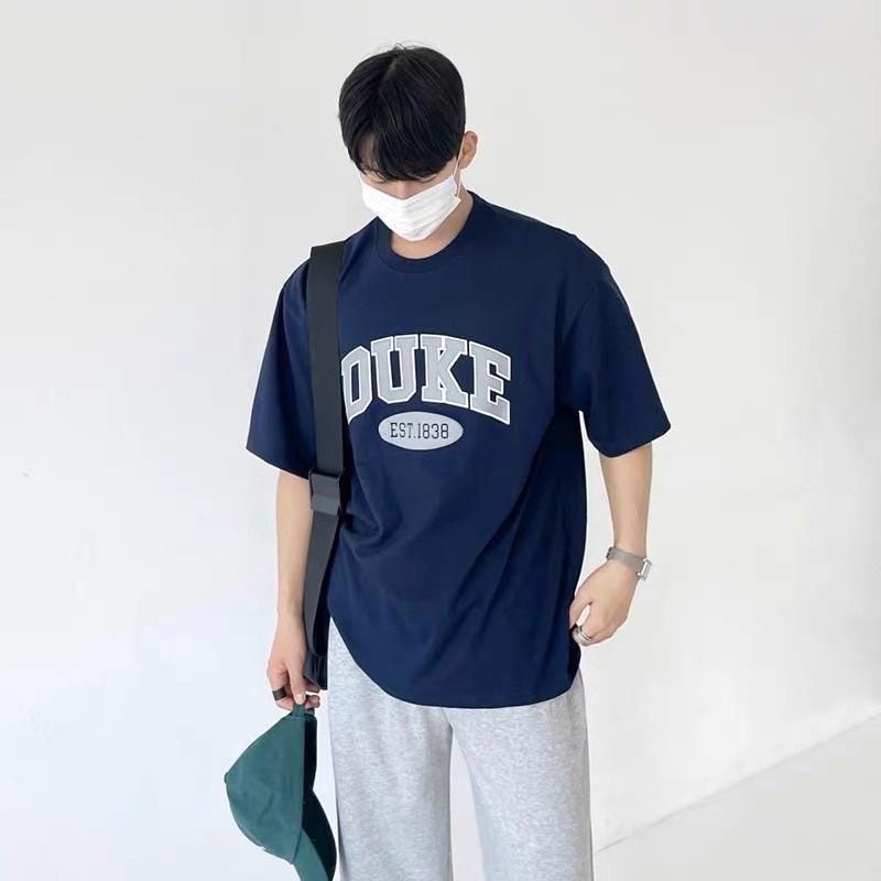 Áo thun tay lỡ màu xanh áo cotton 2 chiều dày dặn in chữ DUKE