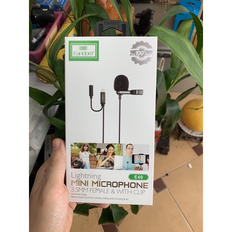 Mic Thu Âm Mini Cho Điện Thoại Chân Lightning kèm Jack Cắm Tai Nghe Earldom E40 hỗ trợ thu âm khi quay video, livestream - Hàng chính hãng