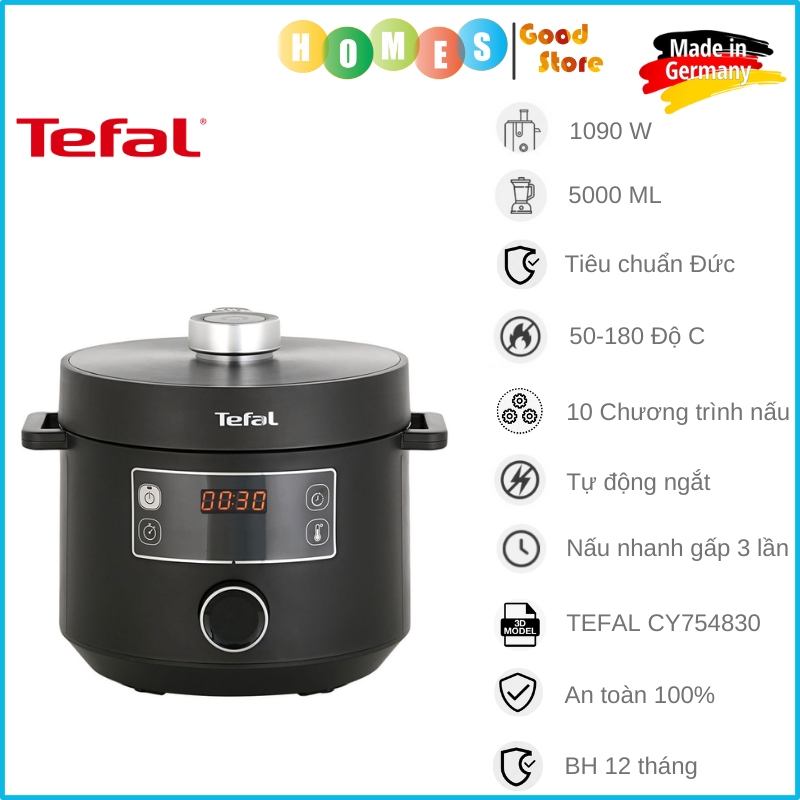 Nồi Điện Đa Năng TEFAL CY754830 Turbo Cuisine, Nhập Khẩu Đức, Dung Tích 5L Gồm 10 Chức Năng: Áp Suất, Nấu Chậm, Nấu Cơm, Xào, Hấp, Nướng Bánh, Sữa Chua, Công Suất 1090W - Hàng Nhập Khẩu