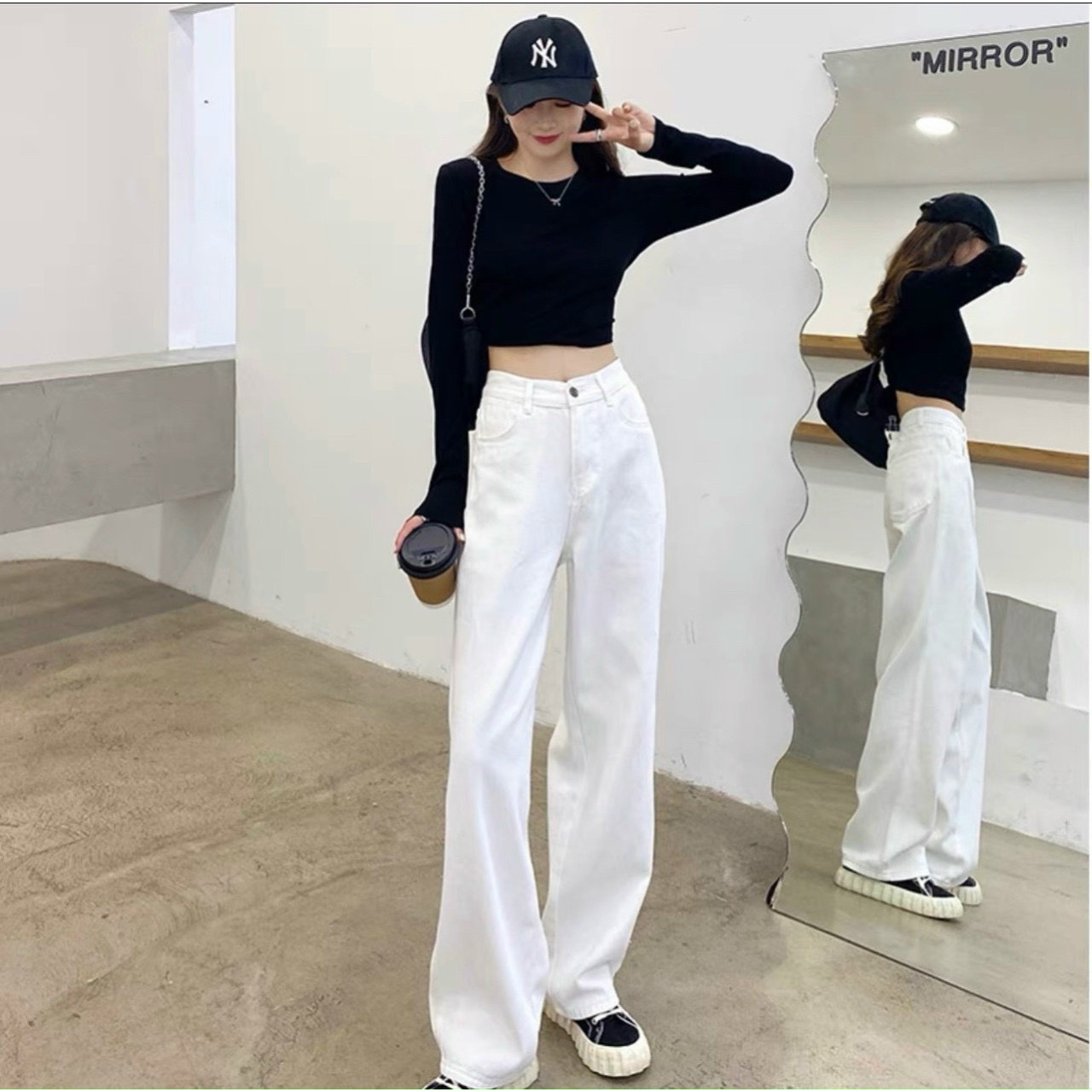 Quần Baggy Jeans  DEL Ống Suông Cạp Cao Rách Đùi Nữ  - TRẮNG - XL