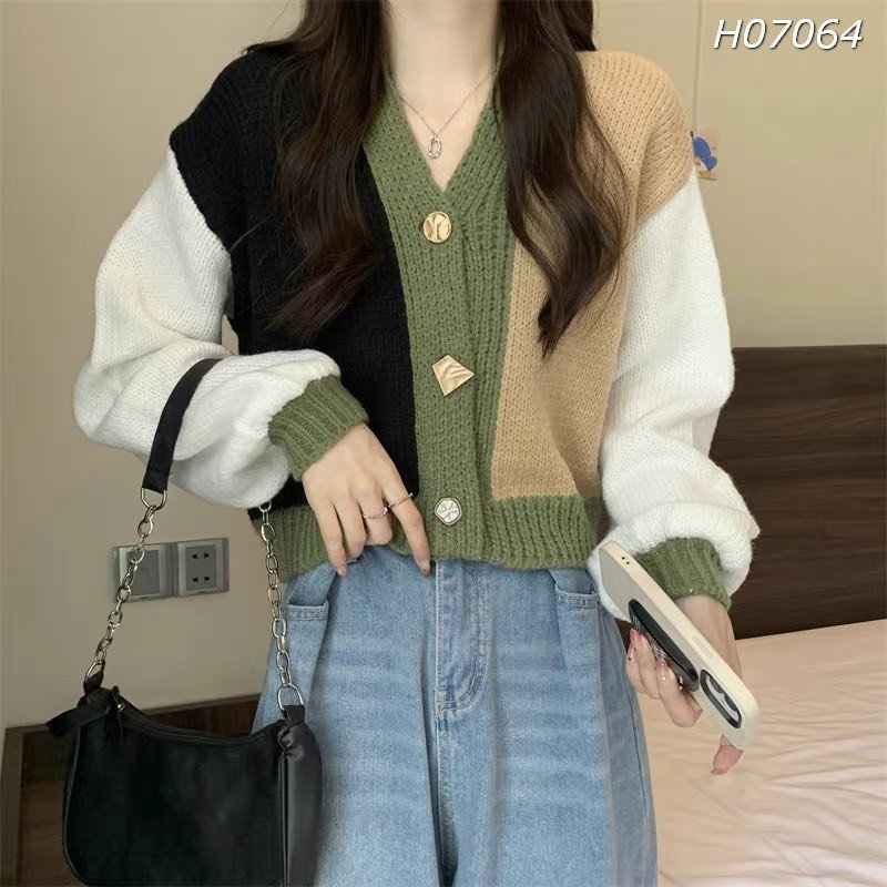 Áo len nữ trơn QCCC,khoác Cardigan mỏng nút cổ V,tay dài,phối màu cưng xỉu