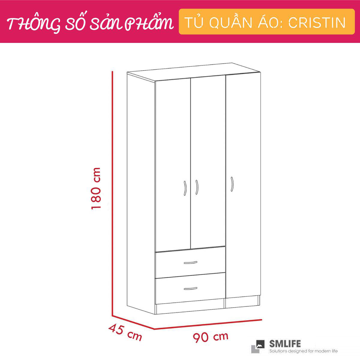 Tủ quần áo gỗ hiện đại SMLIFE Cristin  | Gỗ MDF dày 17mm chống ẩm | D90xR45xC180cm - Màu