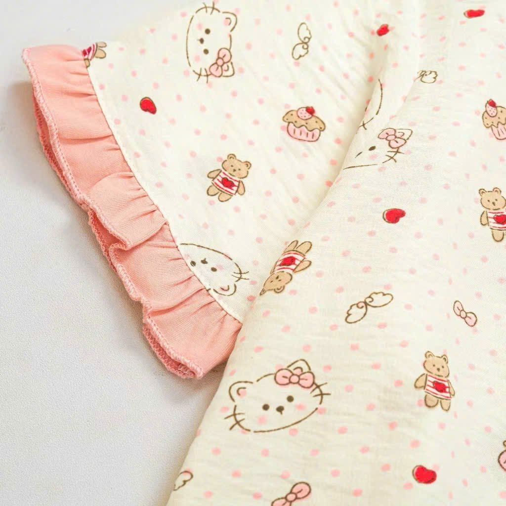 BỘ PYJAMA BÉ GÁI CHẬT ĐŨI COTTON MỀM MẠI VỚI HOẠ TIẾT GẤU, KITTY DỄ THƯƠNG TỪ 12-50KG CHO BÉ GÁI