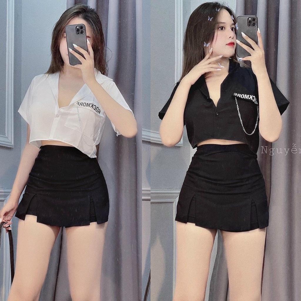 ÁO SƠ MI CROPTOP DÂY XÍCH TAY NGẮN CỰC XINH CHO CÁC NÀNG - Black