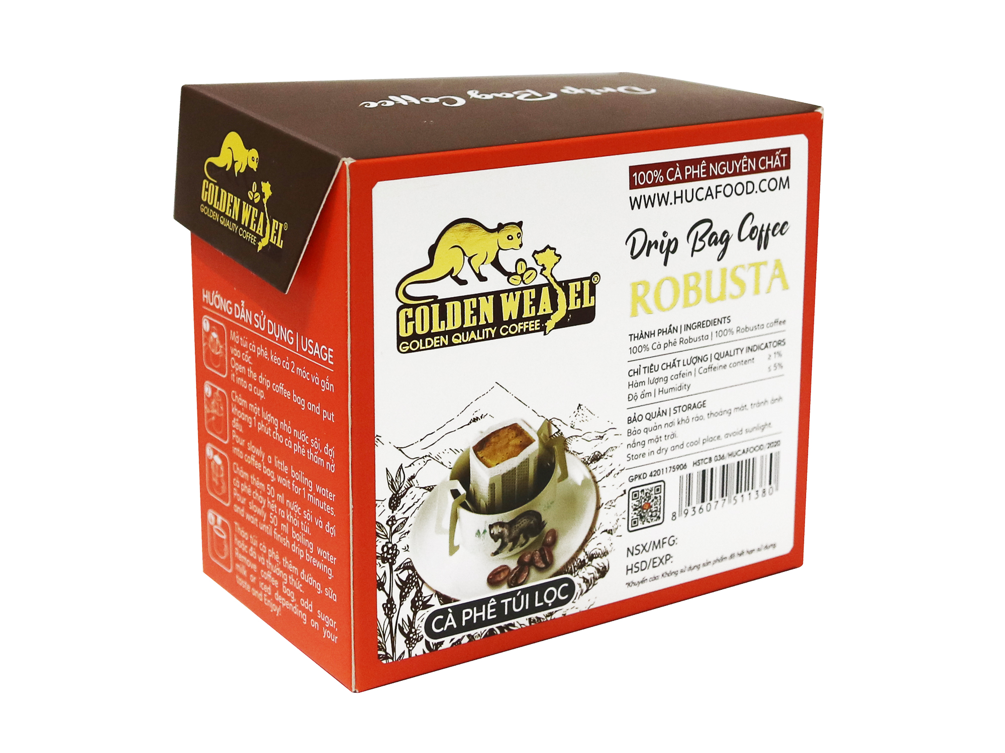 Cà Phê Túi Lọc Robusta Nguyên Chất 100% Con Chồn Vàng Hộp 150Gr - Huca Food