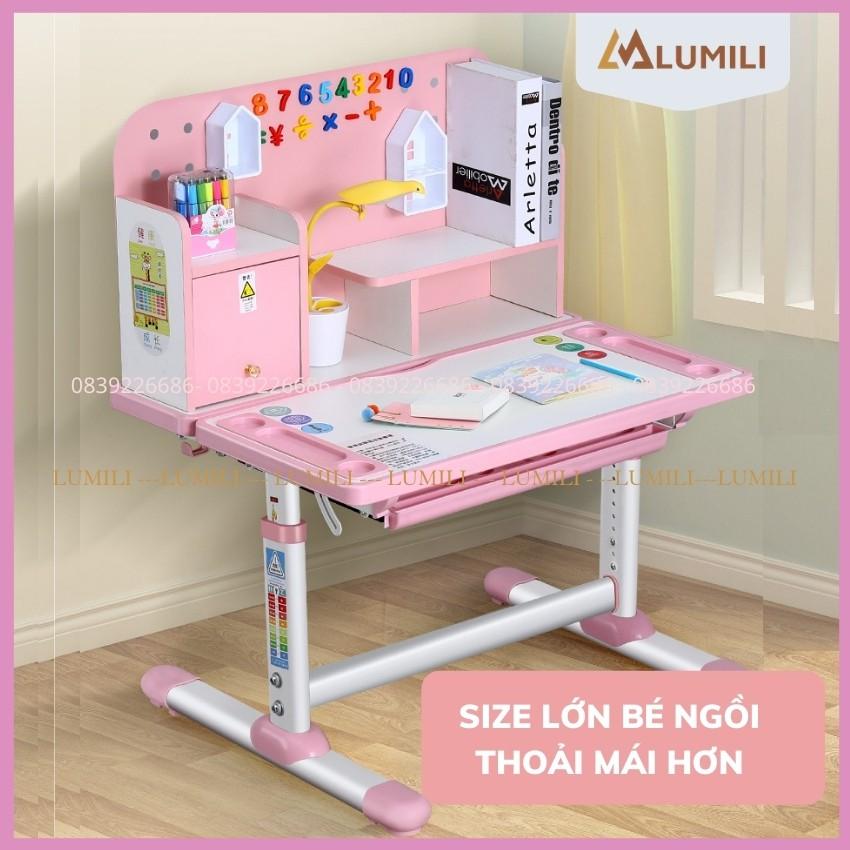 Bàn ghế học sinh Lumili R16 có giá sách, bộ bàn học chống gù thông minh kèm kệ sách cho trẻ em điều chỉnh nâng hạ độ cao