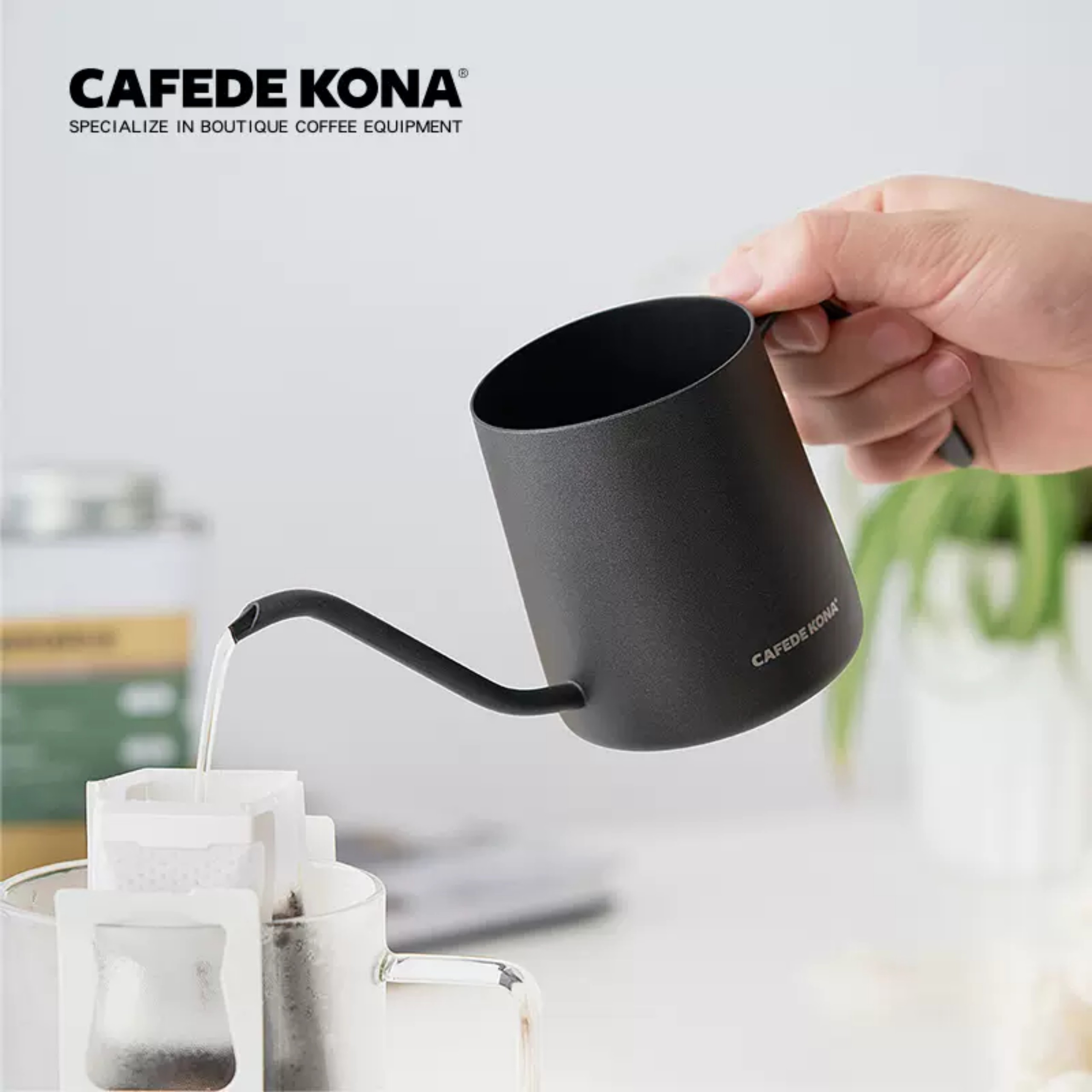 Ấm bình rót pha cà phê túi lọc phin giấy màu đen nhám CAFE DE KONA