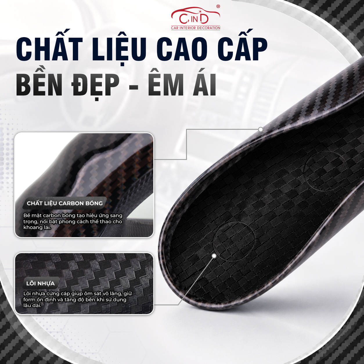 Ốp Bọc Vô Lăng CIND Carbon Bóng Thể Thao Mỏng Nhẹ Chống Trượt Phù Hợp Nhiều Dòng Xe