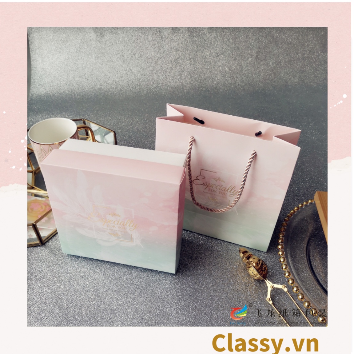 XÉ LẺ túi giấy +Hộp quà lớn quà tặng hoạ tiết đá cẩm thạch, In chữ Especially For You phong cách châu ÂU Q307
