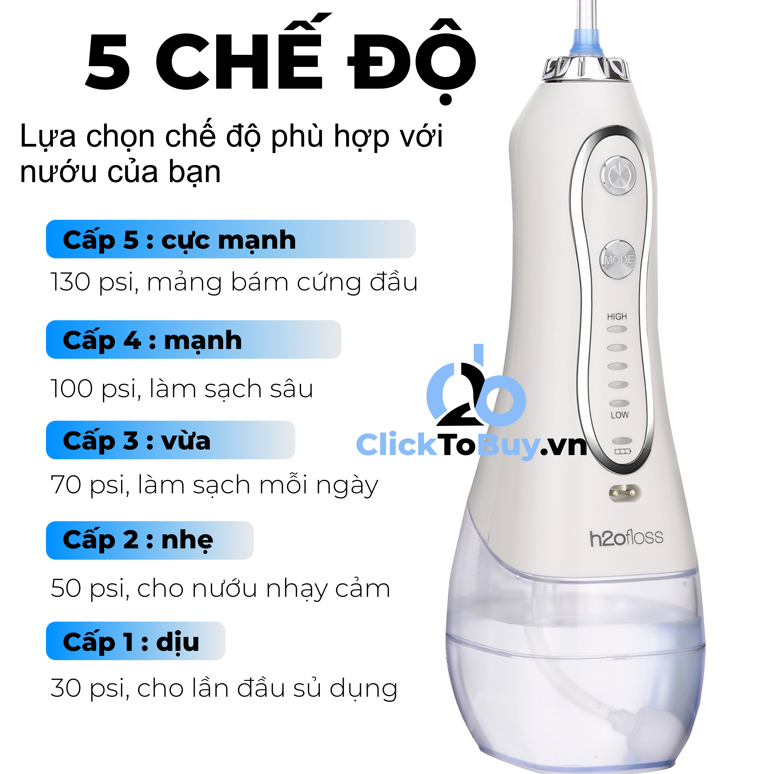 Tăm nước cầm tay H2ofloss HF-6. Tăm nước 5 chế độ, 5 đầu tăm đa chức năng, túi vải đựng máy, pin sử dụng tối đa 21 ngày, tặng kèm củ sạc nguồn thấp