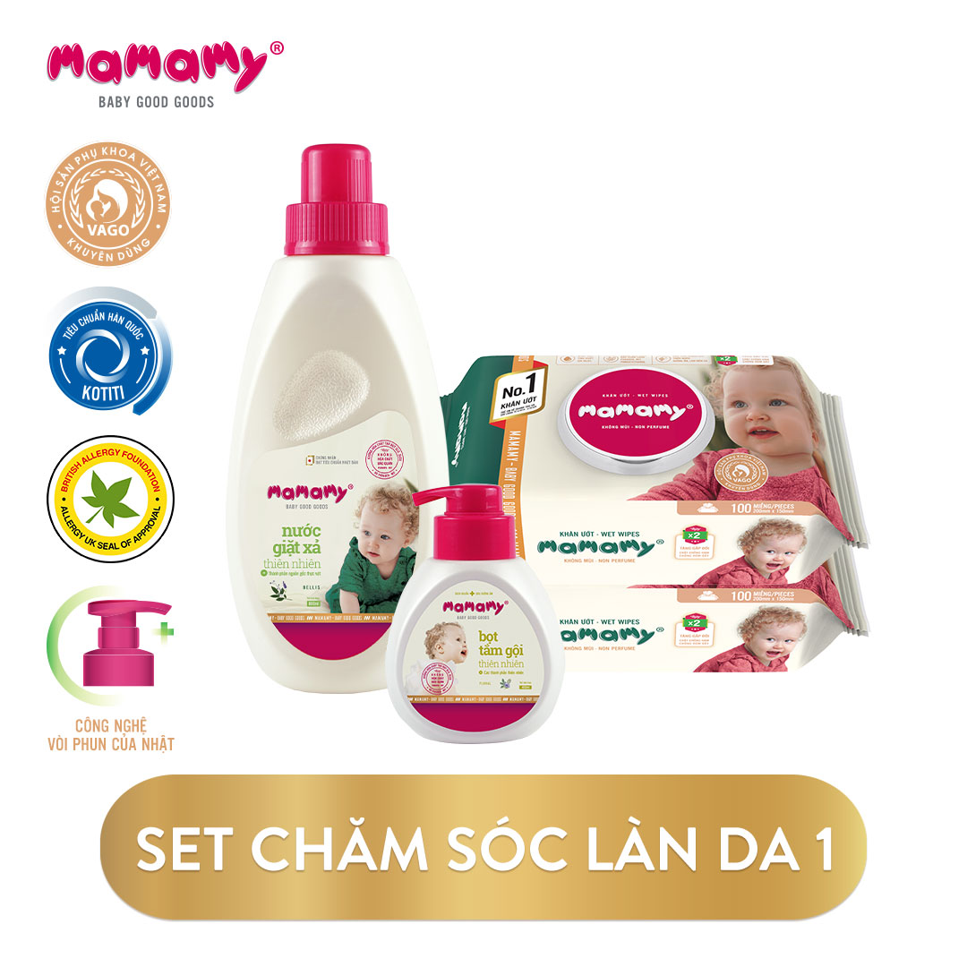 Set sản phẩm chăm sóc làn da bé 01 Mamamy - 2 khăn ướt 100 tờ, 1 chai Bọt tắm gội Bluberry 400ml,1 chai nước giặt xả 800ml Bellis