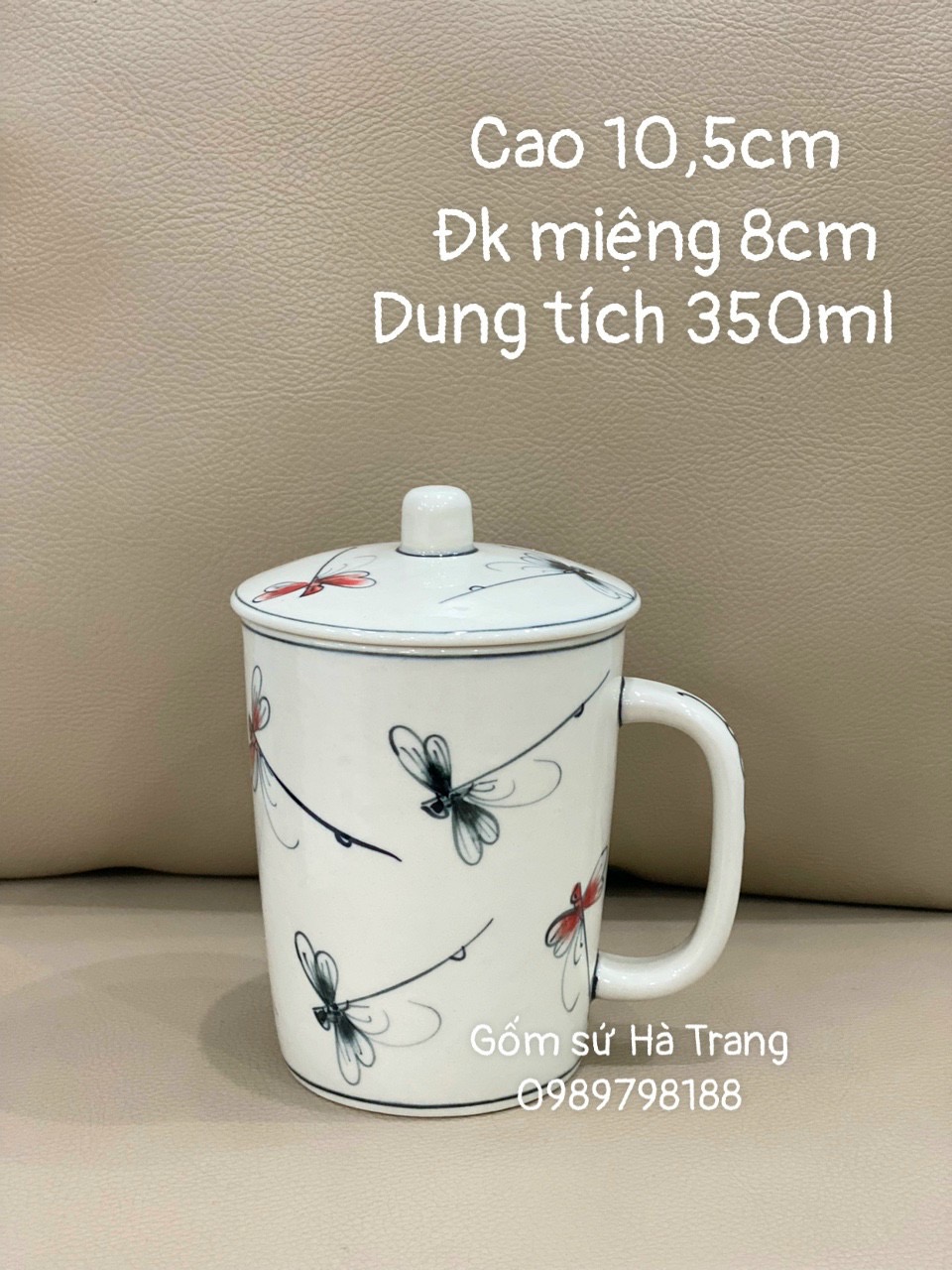 Cốc sứ Bát Tràng cao cấp vẽ tay xuất dư hoạ tiết chuồn kim màu có nắp dung tích 350ml