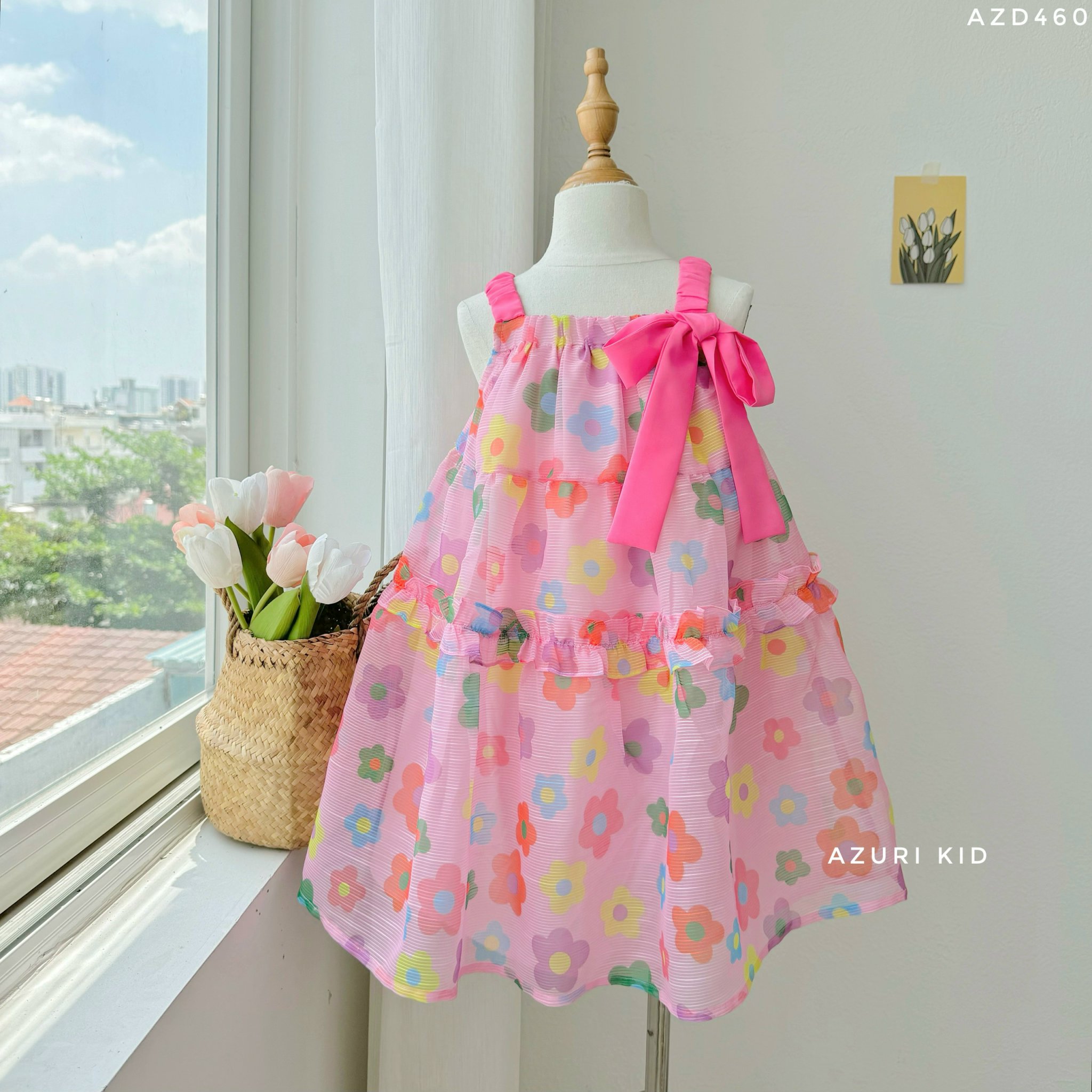 Đầm babydoll cho bé gái đính nơ cánh tiên phong cách Hàn Quốc từ 12-35kg chất vải tơ mềm mát