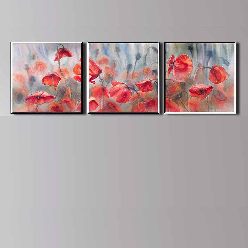 Bộ 3 tranh decor hoa đỏ thủy mặc-DC015 -50x50cm