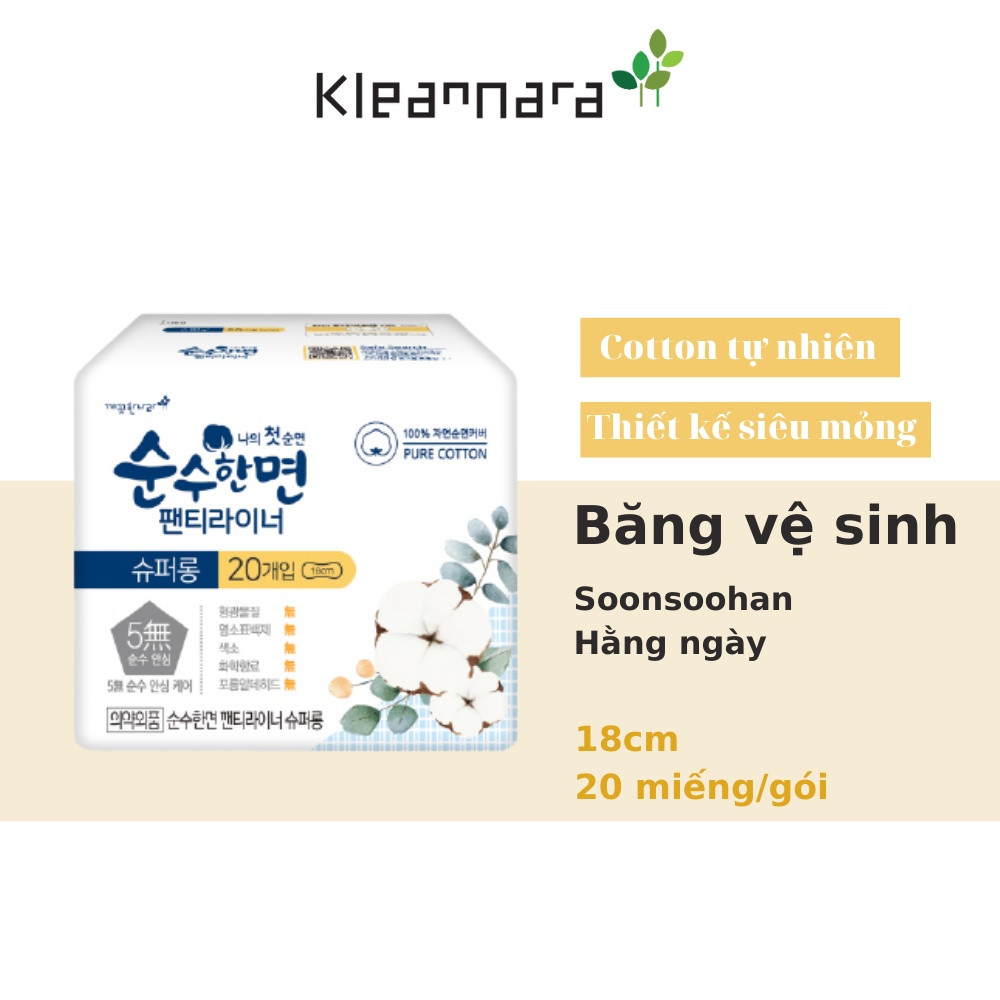 BĂNG VỆ SINH KLEANNARA SOONSOOHAN 100% COTTON HÀNG NGÀY (18CM)- 20 MIẾNG