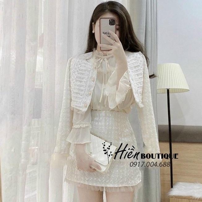 Set Công Sở Nữ - Combo Áo Sơ Mi Công Sở Phối Chân Váy Chữ A Kèm Áo Khoác Dạ Tweed Phối Chân Ren (Hàng thiết kế)