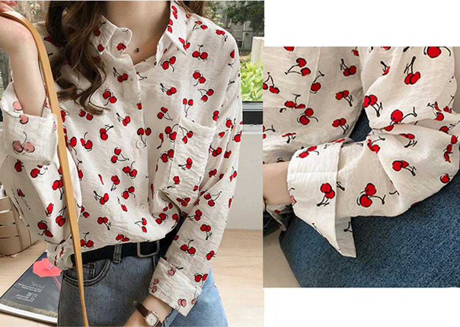 Áo sơ mi nữ vải lụa thời trang công sở in họa tiết cherry nhỏ tươi