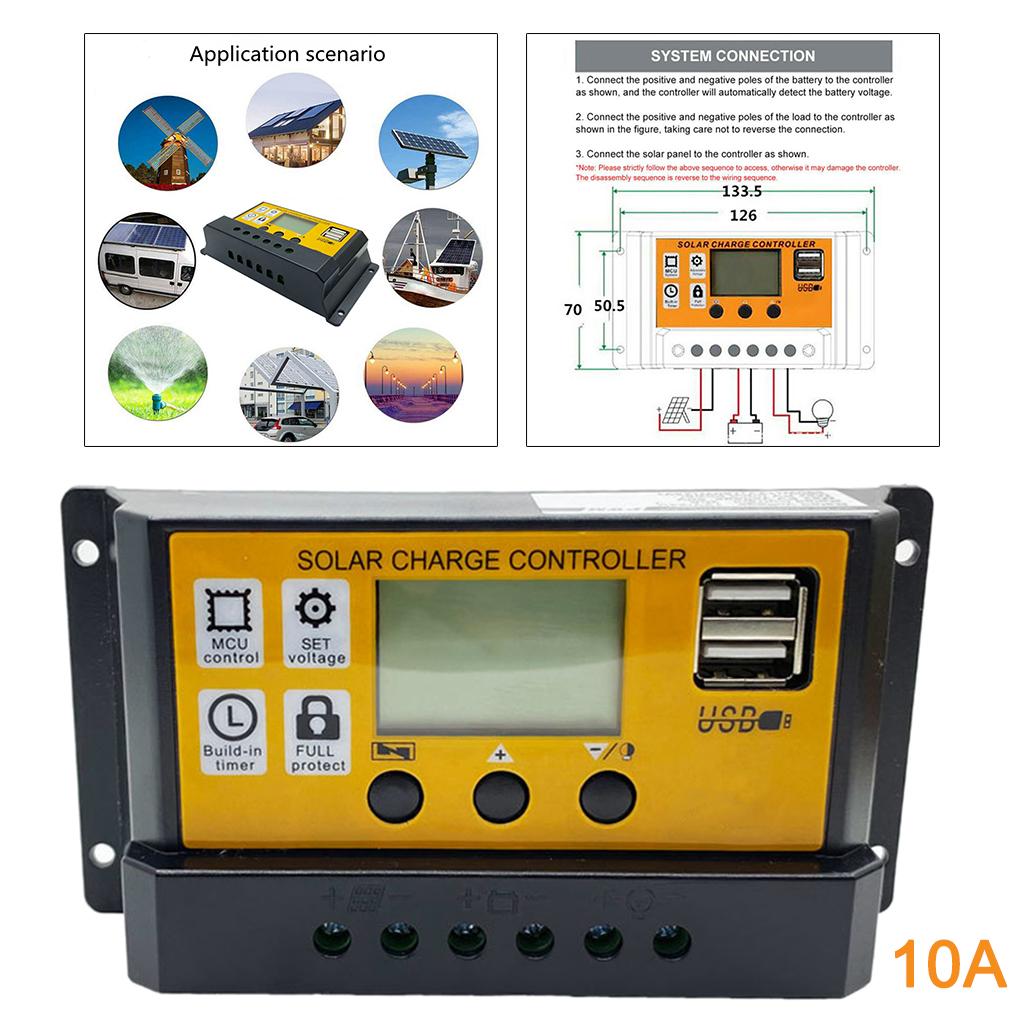 Charge Controller - Solar Panel Charge Controller 12V 24V, Adjustable Parameter LCD Display Current/Capacity and Timer Setting on/Off with 5V Dual USB