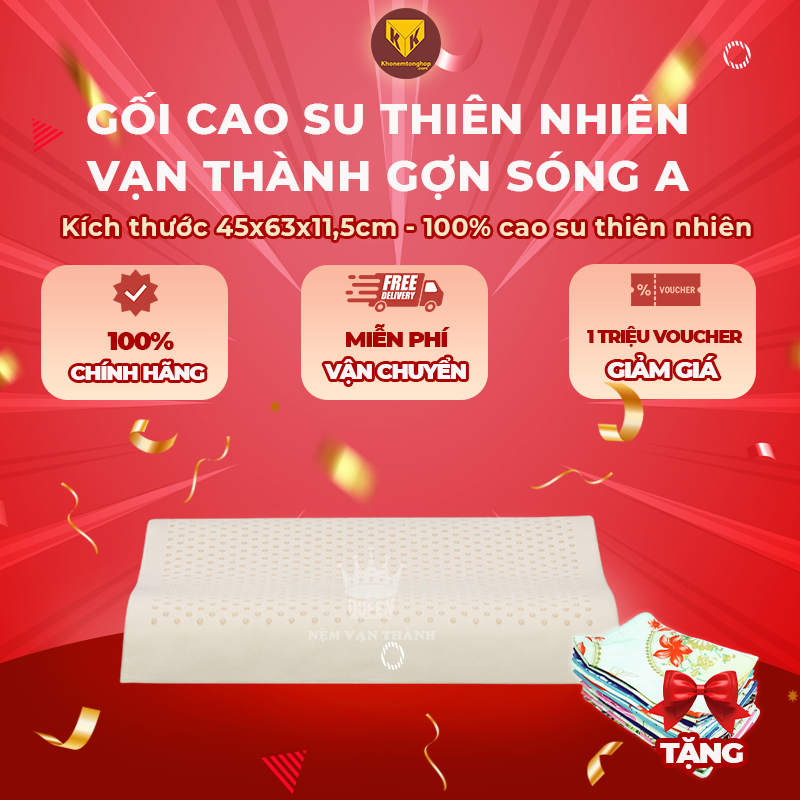 Gối cao su Vạn Thành gợn sóng A, hỗ trợ căn chỉnh cột sống, bảo vệ đốt sống cổ, 100% từ cao su thiên nhiên - Tặng kèm vỏ gối