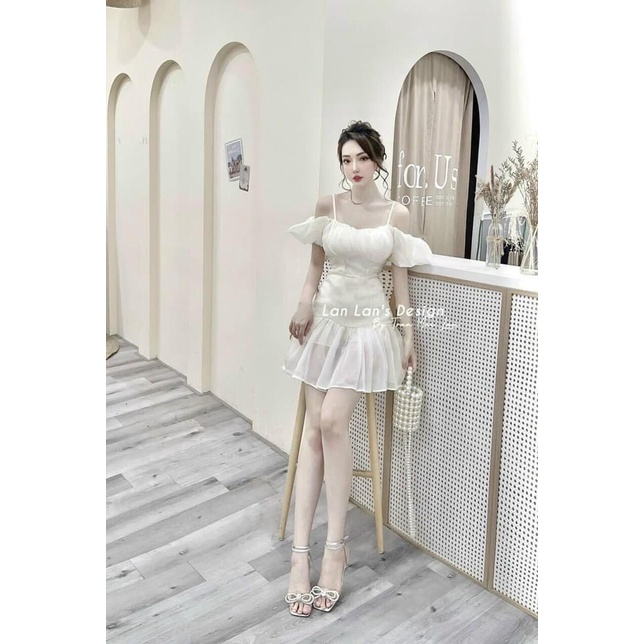 Đầm 2 dây trễ vai, Váy trắng ngắn hai dây Cao Cấp dáng chữ A tay ngắn ôm eo sexy gợi cảm MiNhi