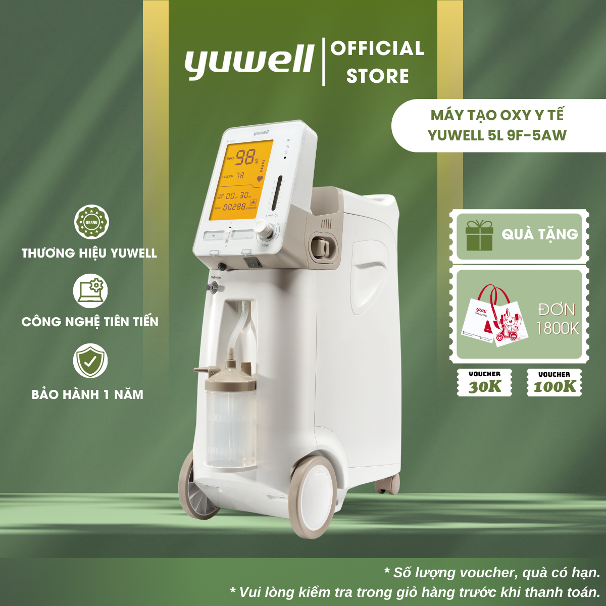 Máy Tạo Oxy Y Tế 93% Yuwell 9F-5AW - Hỗ Trợ Bệnh Nhân Suy tim, Suy phổi, Rối loạn hô hấp - Bảo Hành 1 Năm