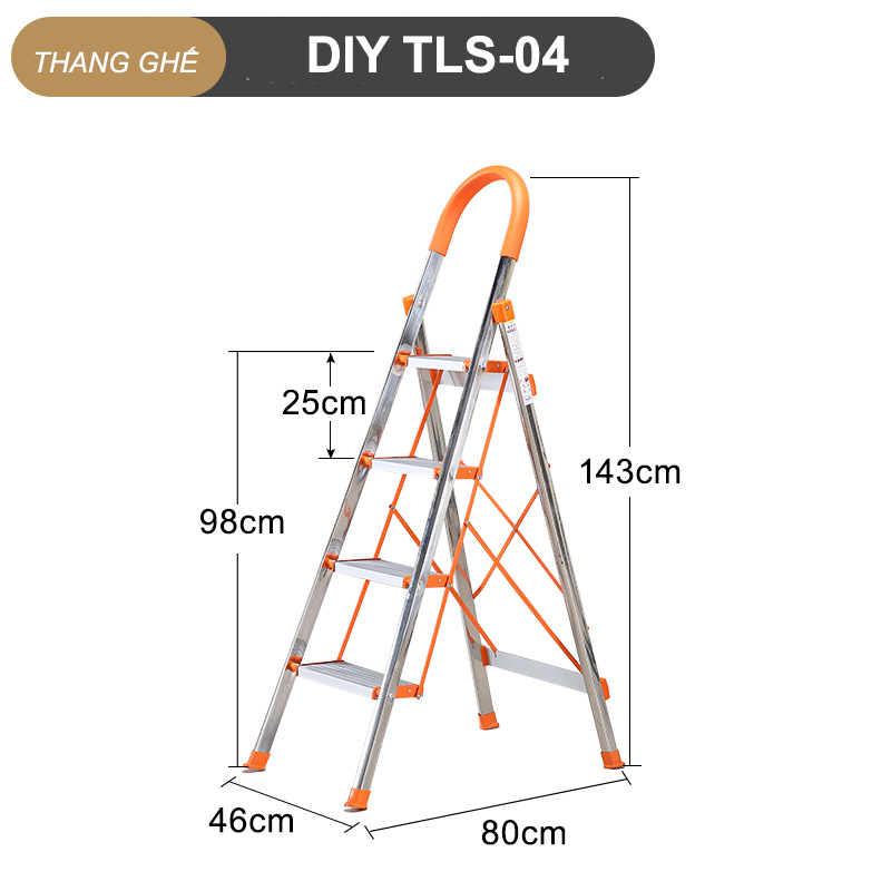 Hình ảnh Thang Ghế Inox DIY 4 bậc TLS-04 chiều cao sử dụng tối đa 92cm, tải trọng 150kg