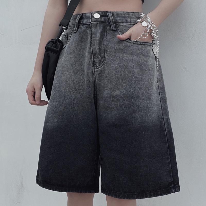 Quần short jean nữ LylyshopUnisex kiểu quần đùi jeans loang cá tính ống rộng lưng cao, quần đui ngố chất bò mềm mịn