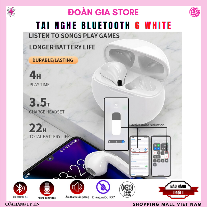 Tai Nghe Blutooth 6White phiên bản cao cấp cảm biến có đổi tên và chống nước chống ồn rất thời trang