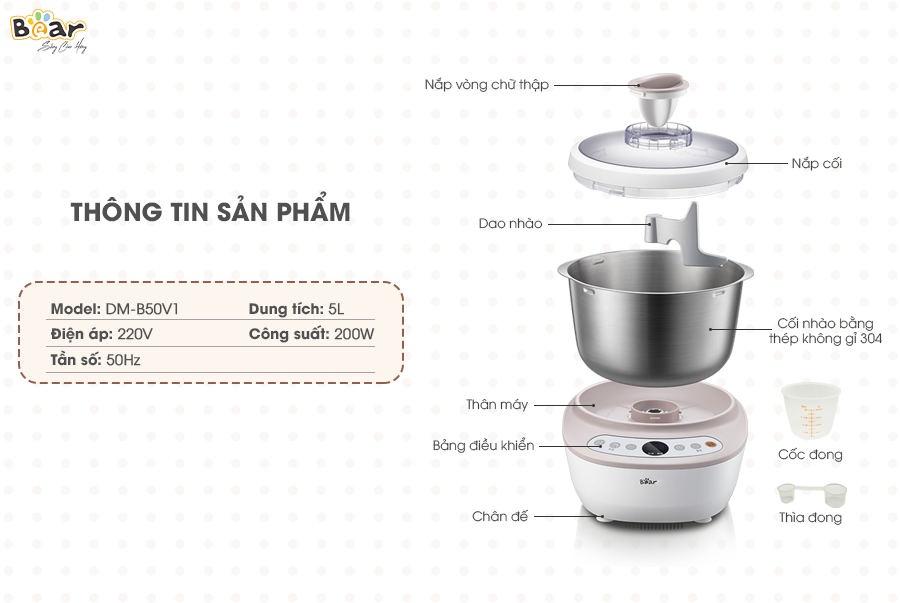 Máy Trộn Bột Ủ Bột, Máy Làm Bánh Mỳ BEAR DM-B05V1 Dung Tích 5 Lít Công Suất 200 W - Hàng Chính Hãng