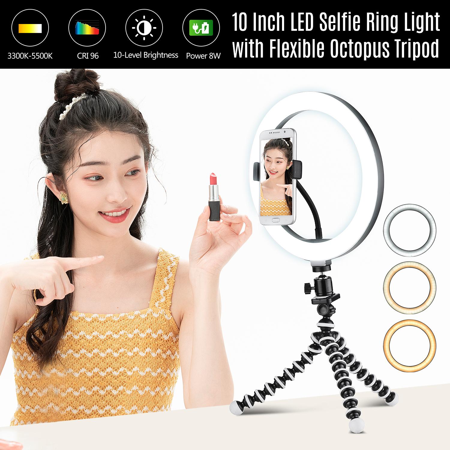 Bộ đèn vòng 10 inch / 26cm 3300K-5500K Đèn LED tự chụp có thể thay đổi 3 chế độ chiếu sáng + Chân máy bạch tuộc linh hoạt