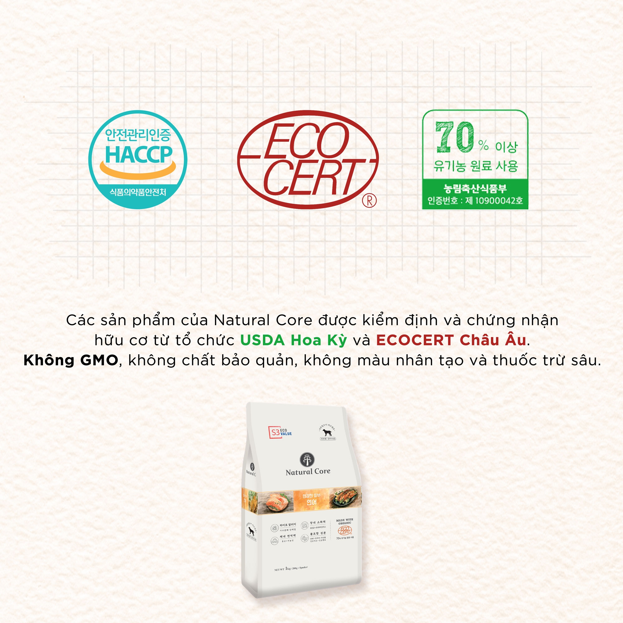 Thức ăn hạt hữu cơ đa đạm cho chó Natural Core | S3 cá hồi | Gấp đôi lượng thịt | Duy trì vóc dáng | Ngăn ngừa tiêu chảy