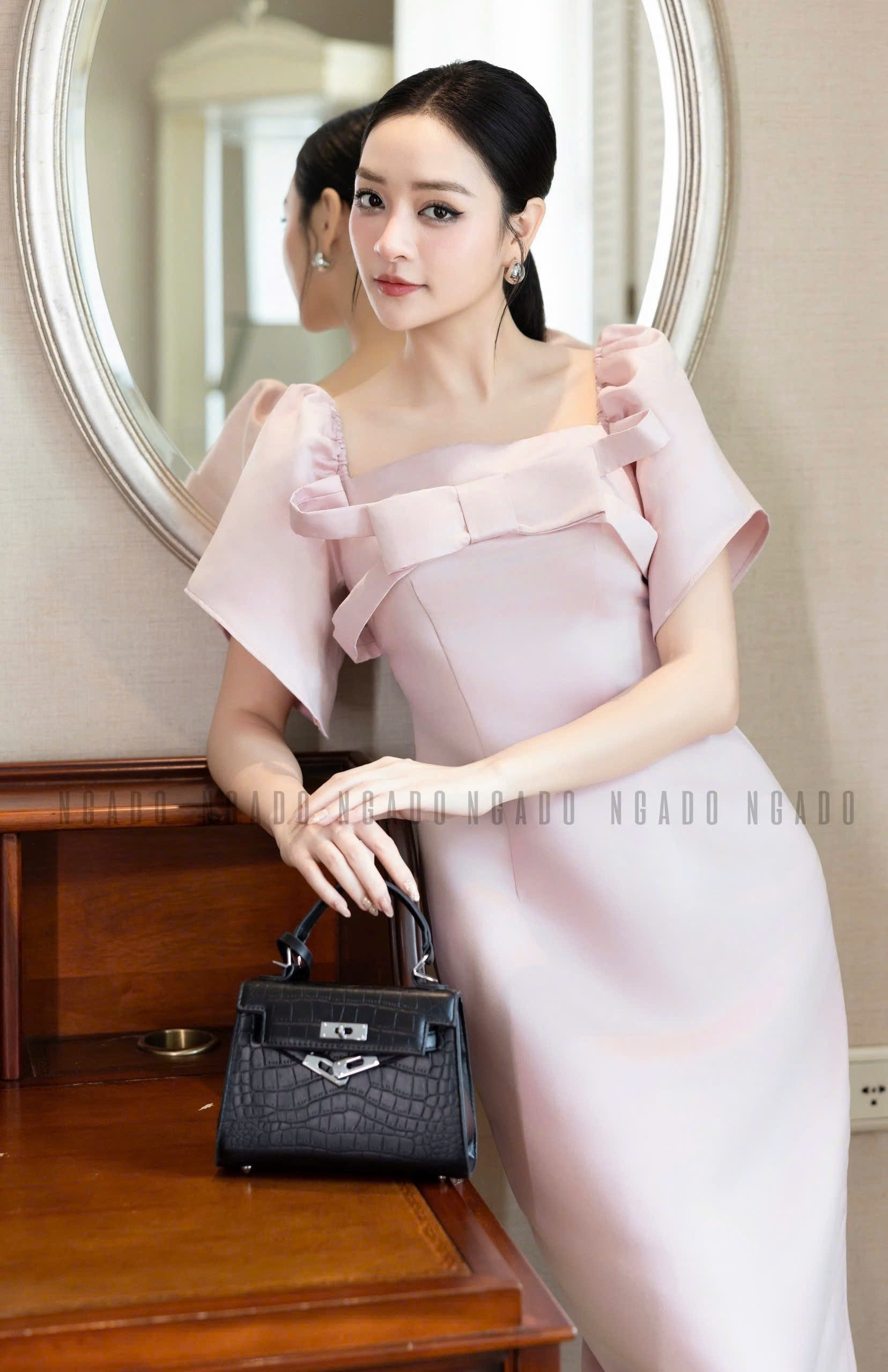 Đầm hồng cổ vuông tay phồng NGADO , đầm dự tiệc , đầm sang trọng